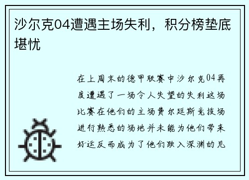 沙尔克04遭遇主场失利，积分榜垫底堪忧